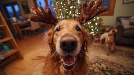 A joyful dog retriever golden antlers christmas tree festive happy living room natural light scene showing a cheerful golden retriever wearing deer antlers in a warm holiday setting.
