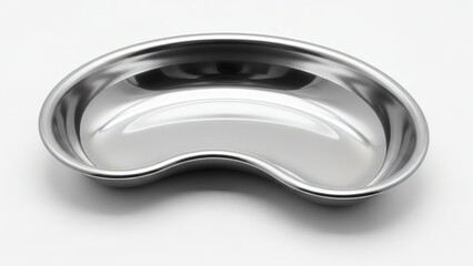 A stainless steel kidney dish, also known as an emesis basin, isolated on a plain white background.