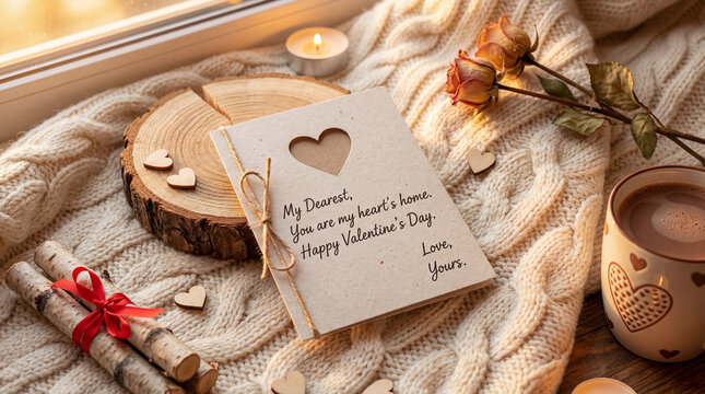 A romantic Valentine's Day card with a handwritten message on a cozy knitted blanket with hot chocolate, roses, and candles.