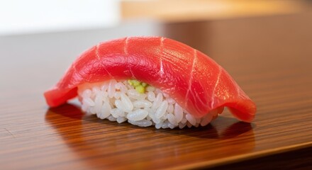 Single piece of raw red fish topping over seasoned rice sits on a polished wooden surface