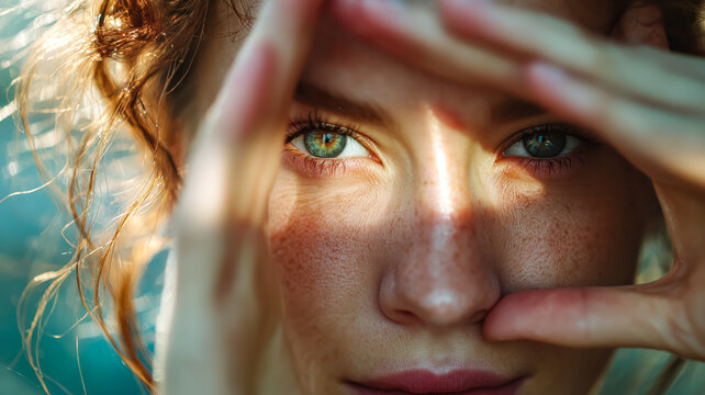 A fair-skinned woman frames her face, her eyes sparkling with a unique blend of green and grey in natural light, freckles accentuating her skin. - Powered by Adobe