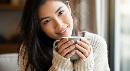 Attractive young woman warmly holding a steaming mug indoors