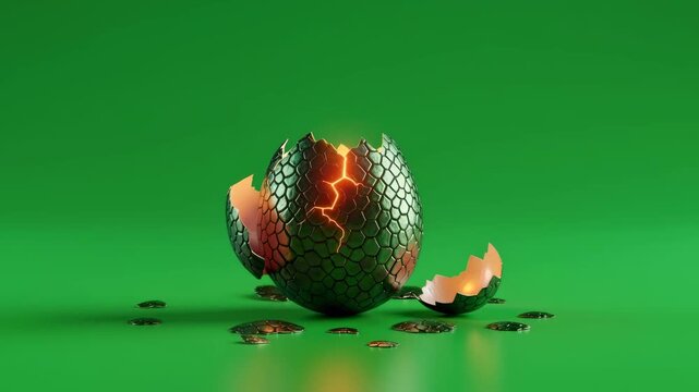 Mysterious dragon egg begins to hatch with power glowing from cracks for chroma key effect