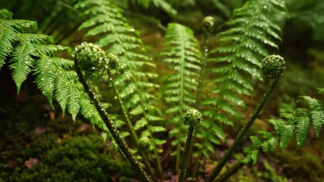 Dynamic shot exploring the dense, layered growth of a fern colony clinging to mossy rocks near a gentle stream, emphasizing natural patterns and movement.