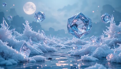 A stunning 3D rendered abstract winter landscape featuring sharp ice crystals and geometric shapes floating over icy water. 