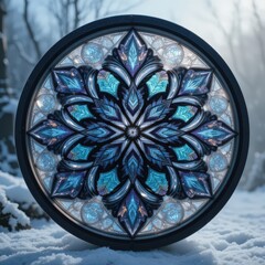 A striking, circular ornamental design resembling an intricate snowflake or mandala, rendered in vivid blue, cyan, and purple colors. 