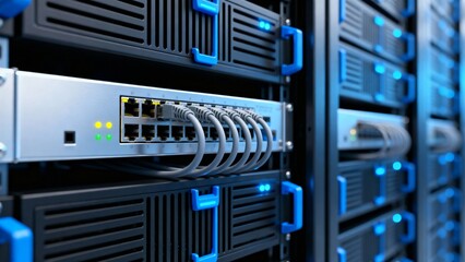 Close-up of Network Switch with Ethernet Cables