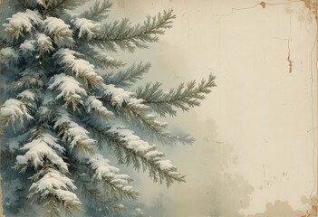 Aged Winter Background with Snowy Evergreen Boughs in Vintage Style, Gray and Cream Tones, with Copy Space