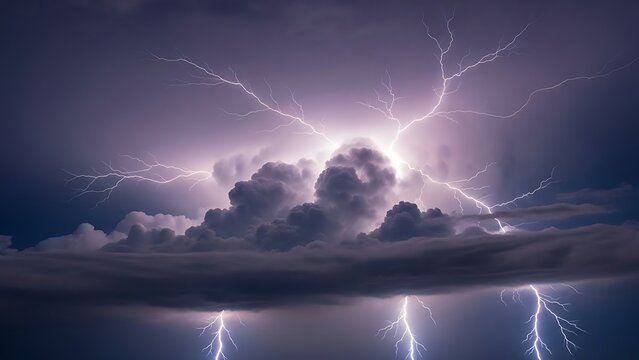 A turbulent sky filled with dramatic storm clouds and spectacular bolts of bright lightning