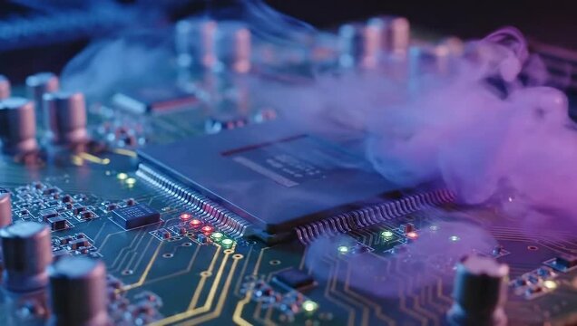 Close up of a computer circuit board with purple smoke and glowing lights suggesting overheating or malfunction