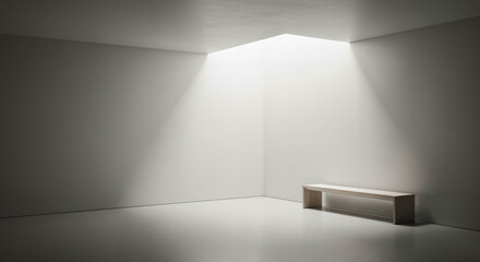 Minimalist art gallery interior with wooden bench and soft skylight, empty museum waiting area