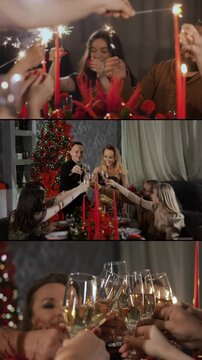 Vertical multiscreen of friends celebrating with sparklers and champagne toasts at festive holiday dinner table near Christmas tree, creating joyful warm party atmosphere.