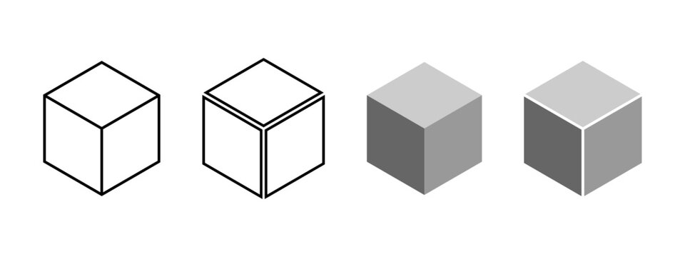 Set of cube shapes in 3D projection. Isometric squares isolated on white background. Cubic forms with three sides. Ice or sugar bricks, boxes or package silhouettes. Vector graphic illustration.