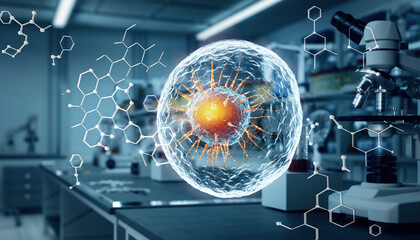 Molecular Biology Research, a Microscopic View of a Cell and Genetic Structures in a Modern Science Laboratory Environment