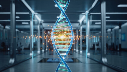 Advanced Genetic Research, Molecular DNA Helix with Glowing Energy in a Modern Science Lab Environment