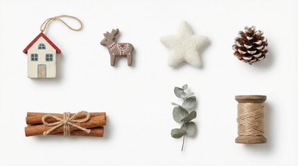 Flat lay of wooden house reindeer felt star and pinecone on white background