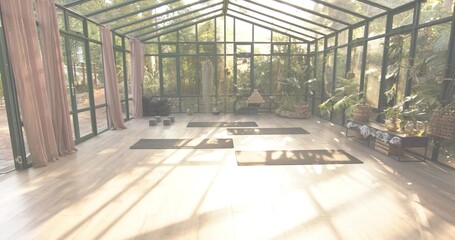 Bathing central yoga area in warm sunlight inside green glass conservatory, with mats and blocks