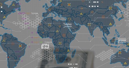 Showing stylized world map on dashboard with hex clusters, white connector lines, target nodes
