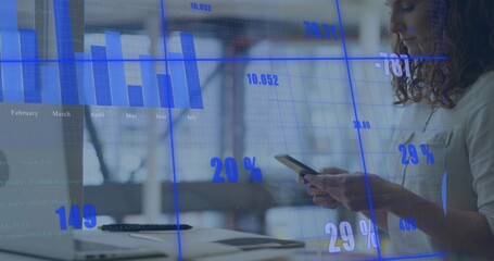 Checking smartphone, woman in casual shirt at office, data overlay, laptop, pen, tablet, copy space