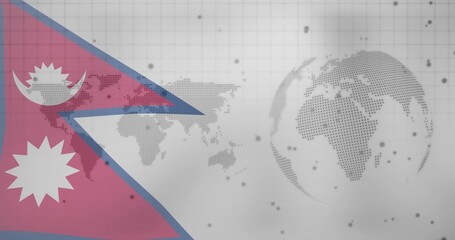 Obraz premium Displaying Nepal flag dominating left over gray grid, with moon-sun emblems, dotted map, copy space