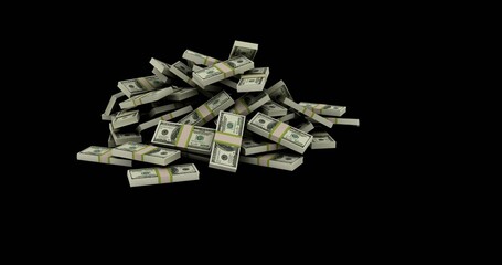 Displaying bundled US bills resting on black backdrop, featuring green bands and Franklin faces