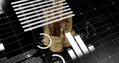 Displaying shiny gold coin stacks on digital dashboard, showing gauges, bar and line charts