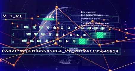 Displaying virtual keyboard grid and numeric strip floating in cyberspace, with orange nodes