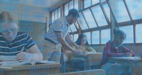 Leaning male teacher in shirt guiding students in class, pointing at notes under binary overlay
