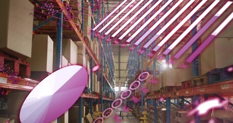 Showing central warehouse aisle featuring magenta holograms with blue pallet racking and boxes