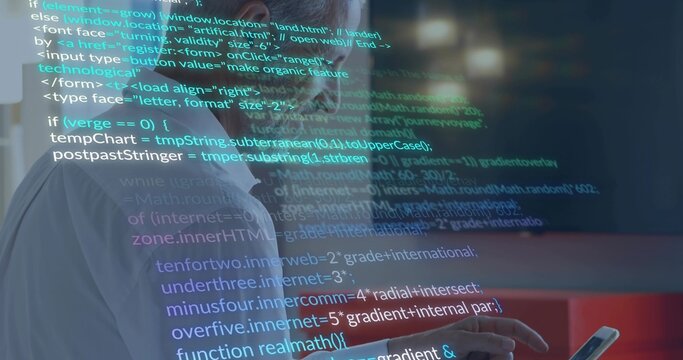 Holding mature man in white shirt checking phone in office, code overlay projecting, copy space