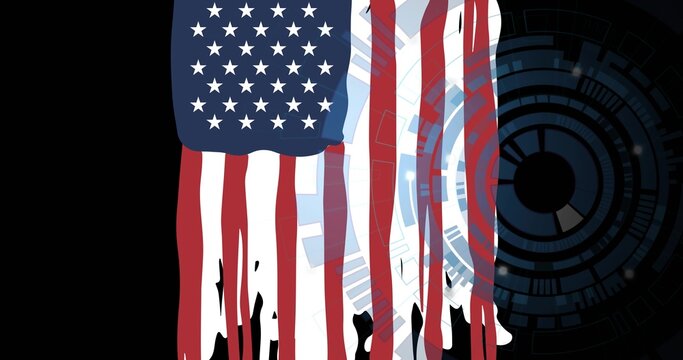 Displaying vertical US flag dripping over HUD rings against black field, with paint drips and bleed