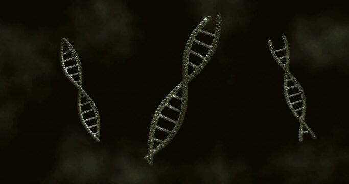 Floating central double-helix with two smaller helices, showing bead segments in dark smoky space