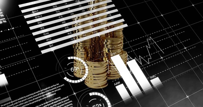 Displaying shiny gold coin stacks on digital dashboard, showing gauges, bar and line charts