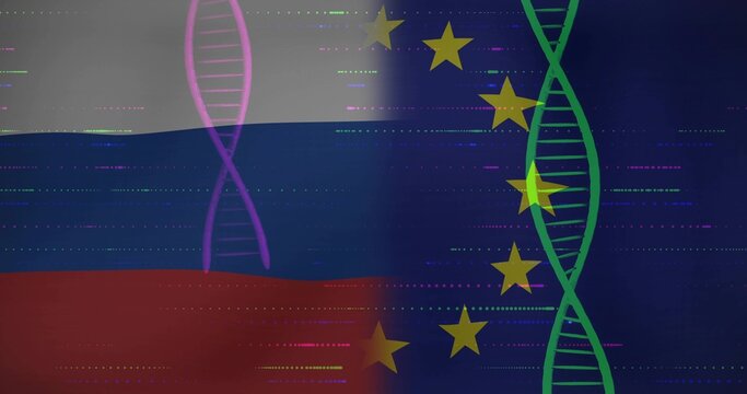 Naklejki Displaying split digital composition at center, combining tricolor bands and stars with DNA helices