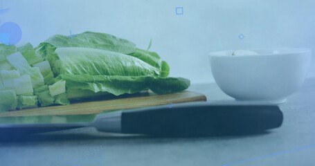 Resting romaine, chopped on wood board, black-handle knife, white bowl with clove on grey counter © vectorfusionart