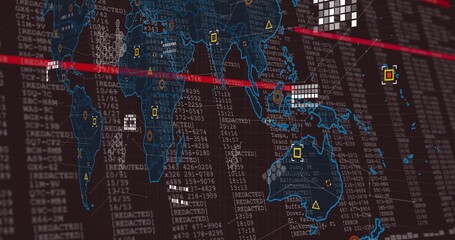 Displaying digital world map overlay on large monitor, showing red scan lines, [REDACTED] columns