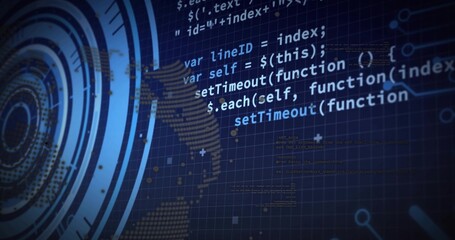 Displaying JavaScript code scrolling across dashboard, showing grid, HUD rings, world map