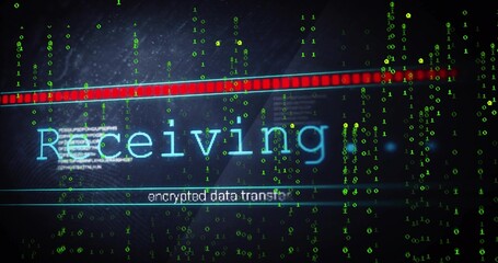 Displaying cyan Receiving on console with red bar, green binary, encrypted line, blue indicator