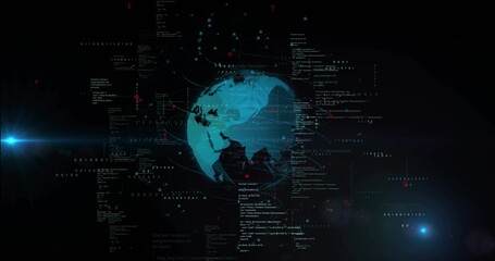 Rotating cyan-blue globe showing dotted map in dark space, with code blocks, lens flares, nodes