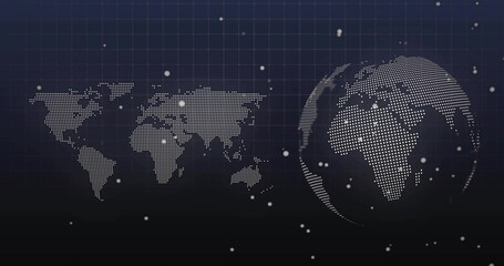 Rotating dotted globe on right in tech backdrop with dotted map, grid, particles, glow, copy space