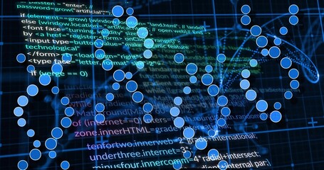 Displaying stylized DNA network structure glowing over data system, with blue nodes and code