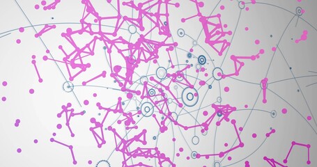 Forming magenta node clusters and blue hubs on light gray canvas, linking with blue-gray arcs