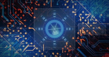 Rotating central circular HUD glowing, sending signals across digital grid, with cyan amber traces