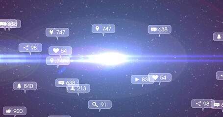 Fototapeta premium Floating cluster of notification icons with numeric badges pulsing across starry space lens flare
