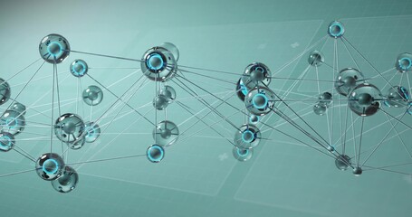 Displaying 3D network of nodes with cyan cores linked by thin rods against teal backdrop, panels