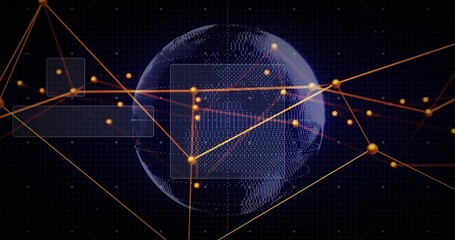 Rotating dotted 3D globe showing orange-gold lines and glowing nodes on dark grid, panels floating