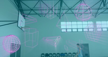 Holding basketball, woman in light-blue uniform standing in gym, hoop, pink wireframes, copy space