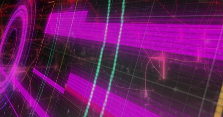 Displaying magenta neon bar array rotating in virtual 3D interface, with concentric ring and grid