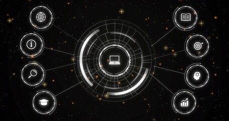 Displaying central multi-ring HUD with laptop icon in dark starfield, showing eight satellite nodes