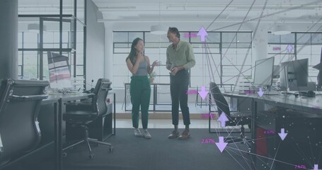 Discussing coworkers wearing biz-casual and checking tablet in open office with purple overlay